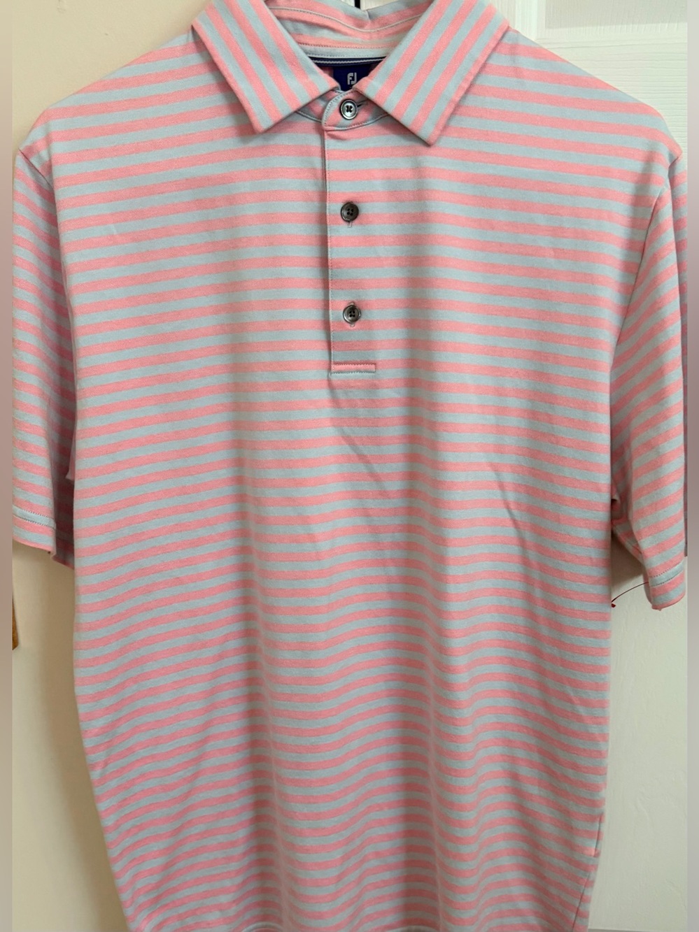 FootJoy Men’s Pink and Light Blue Striped Polo Shirt Short Sleeve Sz S